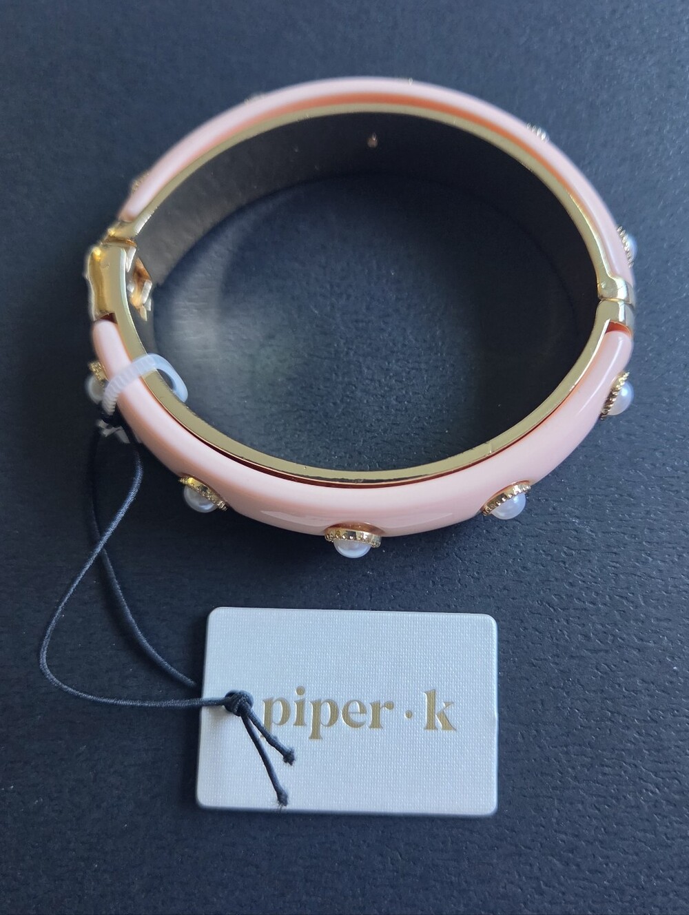 Piper K Pink Enamel Pearl-Stud Hinged Bangle Bracelet